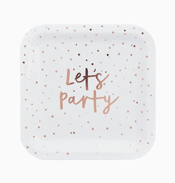 Paper Plates-HBMM142 - Rose Gold 'Let's Party' Paper Plates 8pc-HootyBalloo