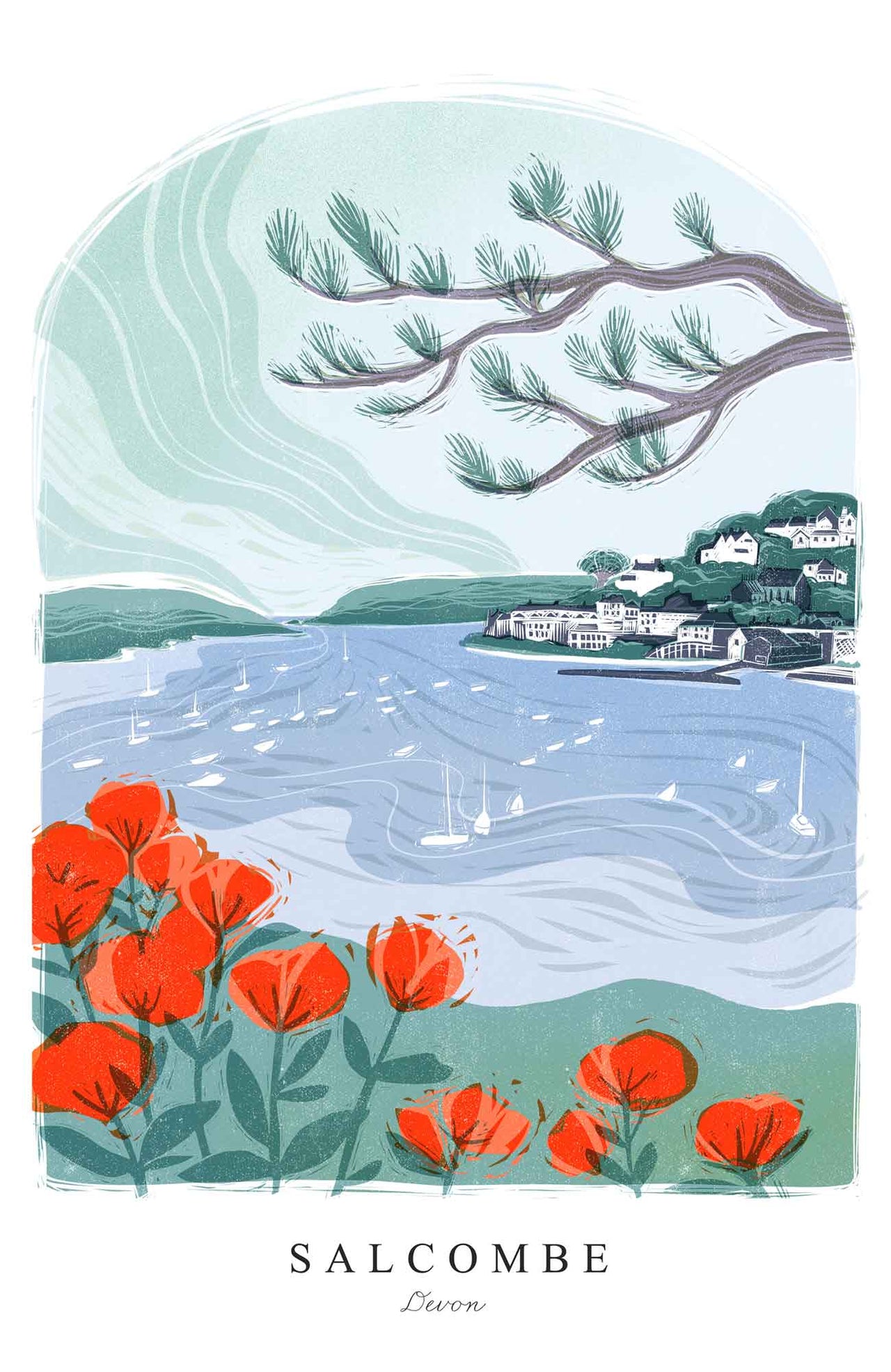Framed Print-WF1241F - Salcombe Lino Small Framed Print-Whistlefish