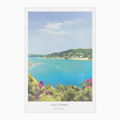 Salcombe tea towel featuring a vibrant coastal landscape of the Devon estuary with pink flowers and blue water.
