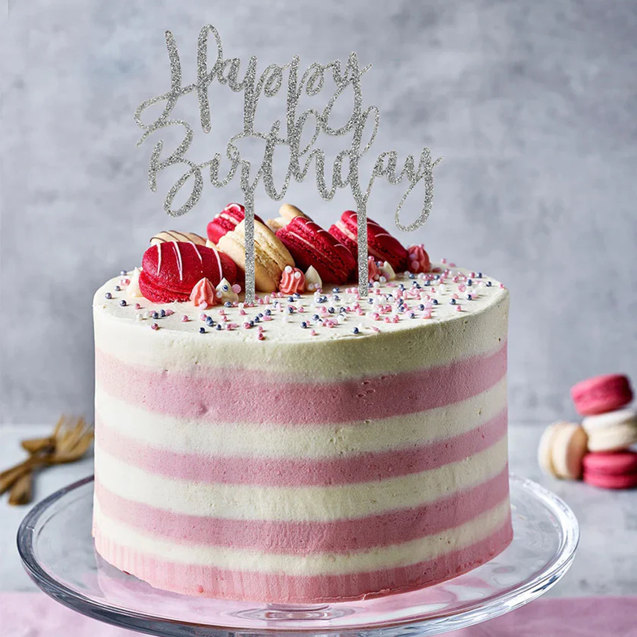 Cake Topper-SPMO027 - Silver Happy Birthday Cake Topper-Hootyballoo