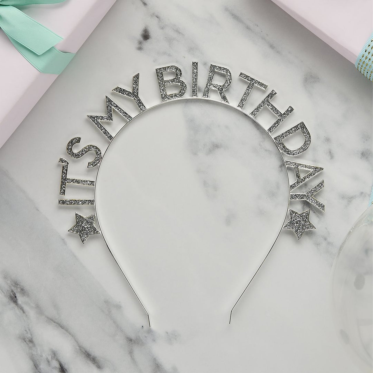 Headband-HBMM378 - Silver Happy Birthday Glitter Headband-Hootyballoo