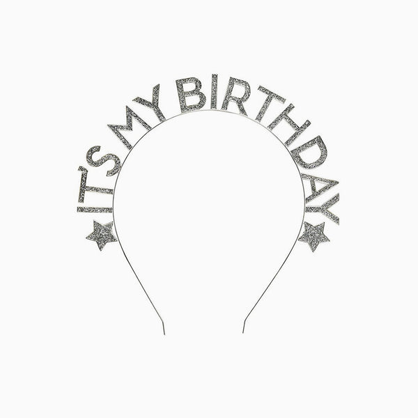 Headband-HBMM378 - Silver Happy Birthday Glitter Headband-Hootyballoo