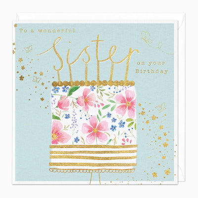 Sister Floral Birthday Cake card on a pale blue background with pink flowers, gold lettering, and butterfly accents.