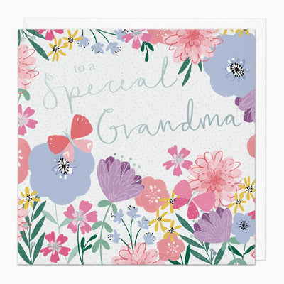 Special Grandma birthday card featuring colourful flowers, butterflies and a pale blue dotted background with an envelope.