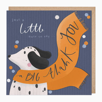 Spotty Dog Thank You card featuring a white dog with black spots wearing a long orange scarf on a blue striped background.