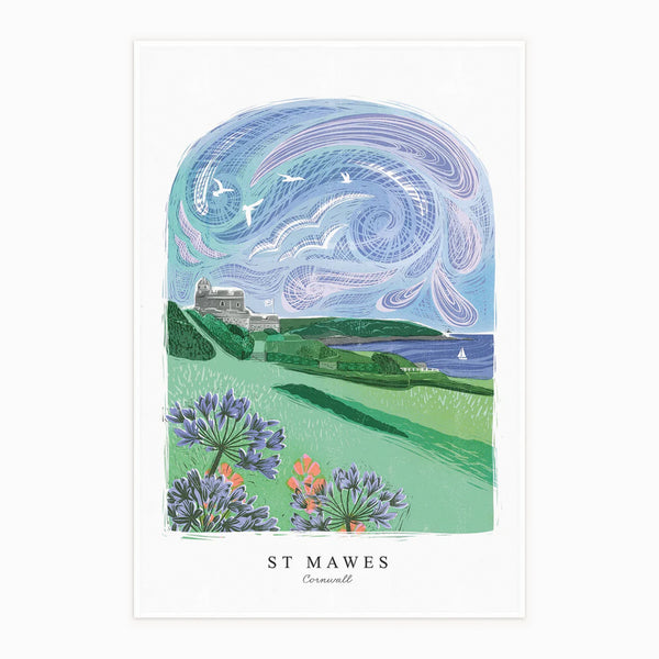 Tea Towel-WTT262 - St Mawes Arched Lino Tea Towel-Whistlefish