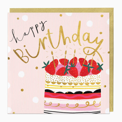 Strawberry Cake Birthday card with a pink polka dot background, gold lettering, and a cake topped with strawberries.