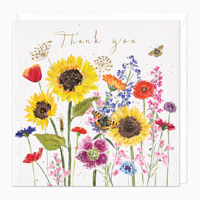 Sunflowers Thank You card featuring a vibrant watercolour illustration of mixed wildflowers, sunflowers, and butterflies.