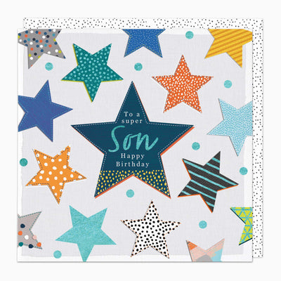 Super Son birthday card featuring colourful patterned stars on a white background with a matching polka dot envelope.