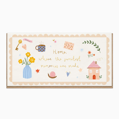 Sweetest Memories New Home card with a scalloped border, featuring illustrations of a house, flowers, and a key.