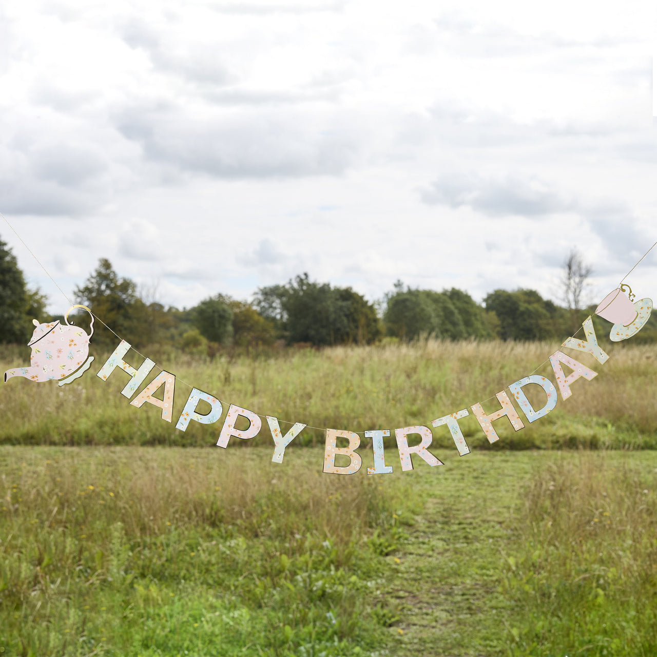Banner-HBDF100 - Tea Party Happy Birthday Card Banner-Hootyballoo