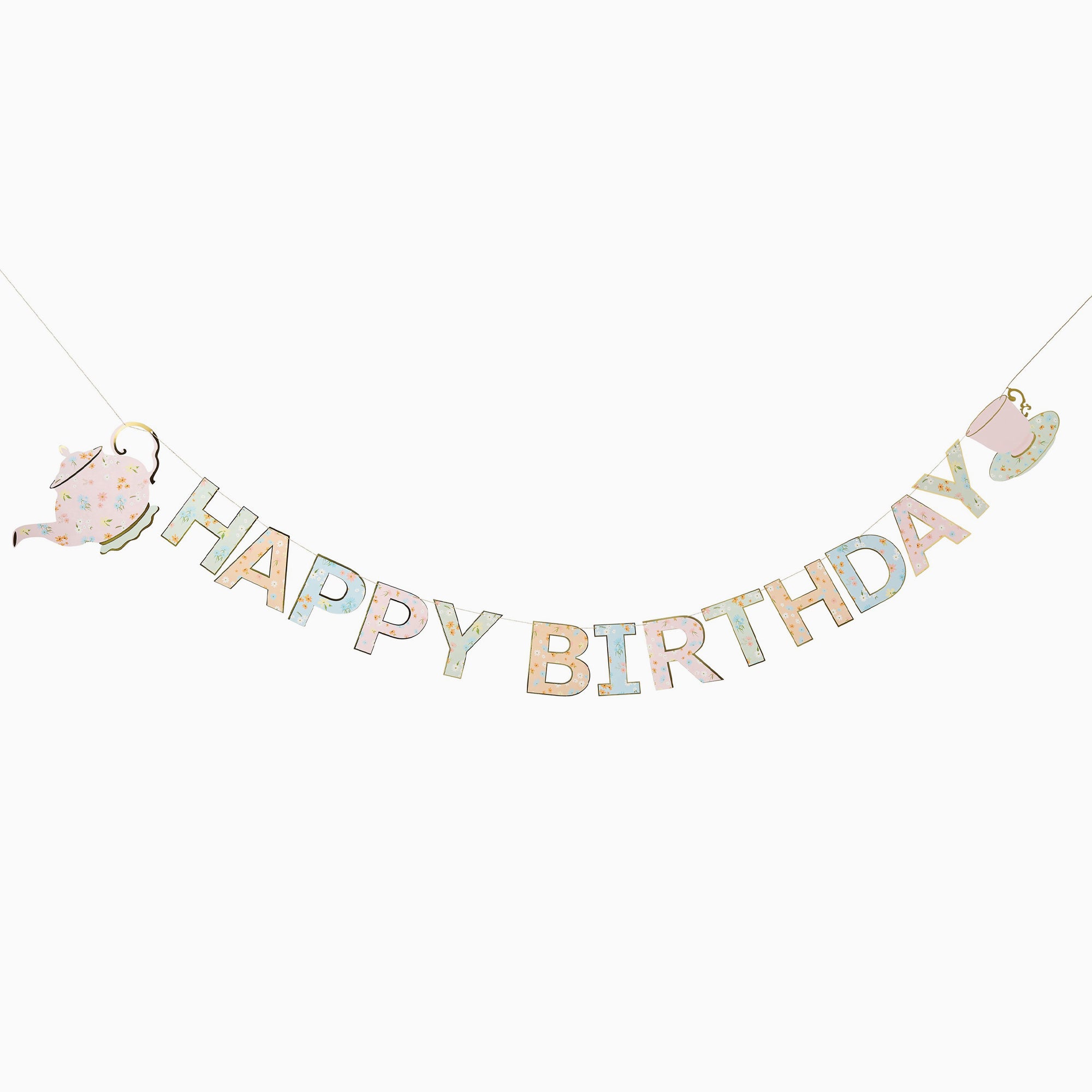 Banner-HBDF100 - Tea Party Happy Birthday Card Banner-Hootyballoo