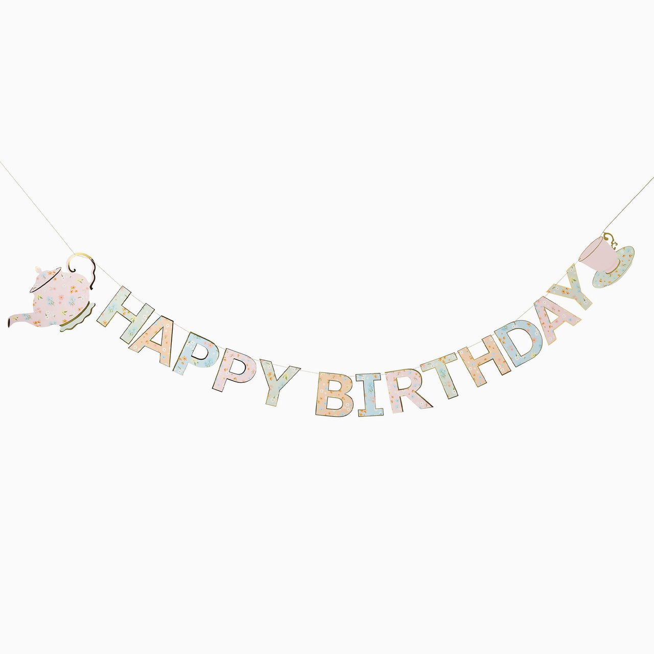 Banner-HBDF100 - Tea Party Happy Birthday Card Banner-Hootyballoo