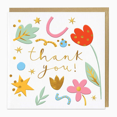 Thank You Icons Card featuring gold script text surrounded by colourful floral, star, and abstract shapes on a white background.