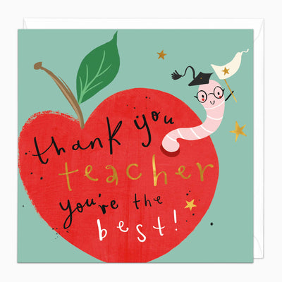 Thank You Teacher card featuring a red apple illustration, a worm in a graduation cap, and gold stars on a teal background.