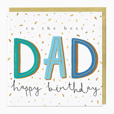 The Best Dad birthday card with blue lettering, gold confetti pattern, and a gold envelope.
