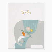 Thoughtful Elephant Dad card featuring a grey elephant and calf holding colourful flowers with Da Da written above.