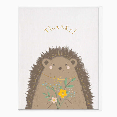 Thoughtful Hedgehog Thank You card featuring a cute brown hedgehog holding a bouquet of yellow and pink flowers.