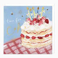 Time For Cake birthday card featuring a strawberry cream cake on a red gingham tablecloth with bees and blue background.