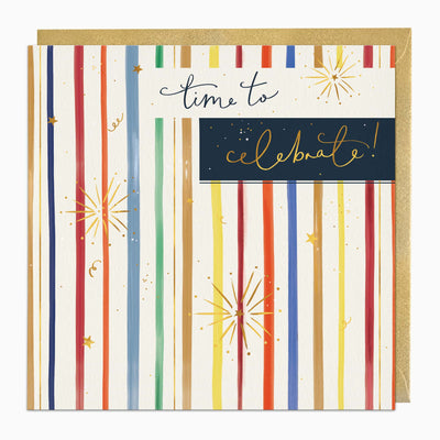 Time To Celebrate greeting card with colourful vertical stripes, gold star illustrations and a gold envelope.
