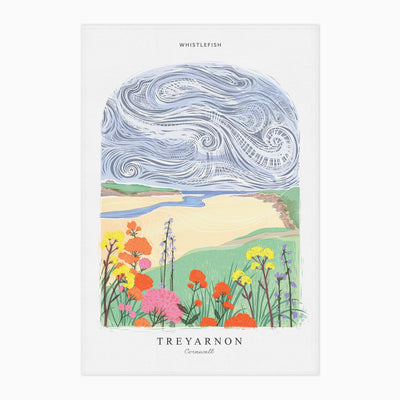 Treyarnon Arched Lino tea towel featuring a coastal landscape with colourful wildflowers and a swirling blue sky.