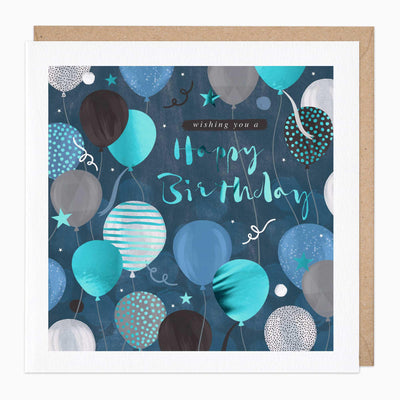 Turquoise Balloon Birthday card featuring blue, grey, and black balloons with stars on a dark blue background with an envelope.