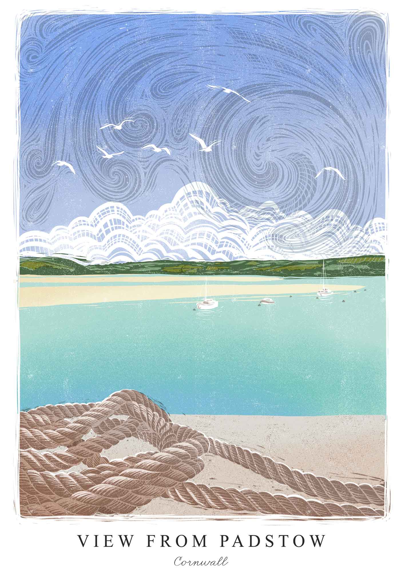 Print-WF1060P - Lino View From Padstow Art Print-Whistlefish