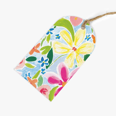 Yellow Flower Gift Tag with a colourful painted floral pattern on a light blue background, attached to a jute string.