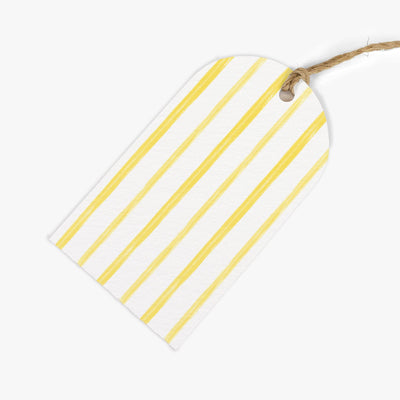 Yellow Stripes Gift Tags featuring diagonal yellow brushstroke stripes on a white background with a jute twine tie.