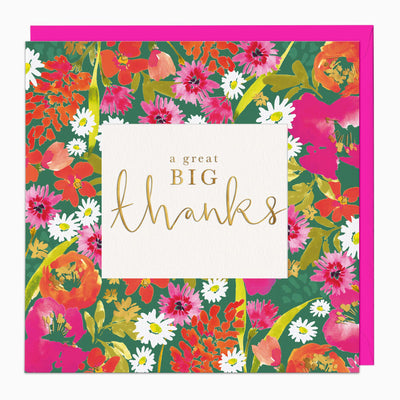 Zesty Floral Thank You card with colourful flowers on a green background and a bright pink envelope.