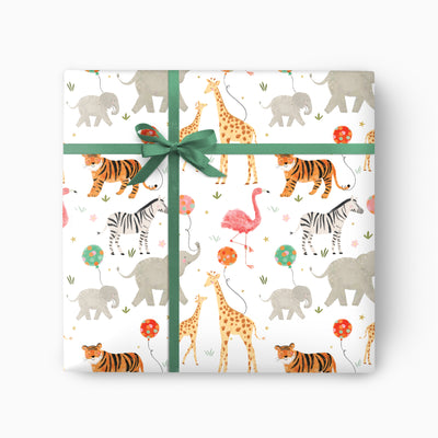 Zoo Party wrapping paper featuring watercolour tigers, giraffes, elephants, zebras and flamingos with a green ribbon.